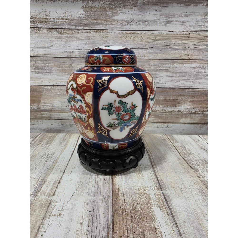 Gold Imari Hand Painted Porcelain Ginger Jar with Wood Base Japan Floral Bird